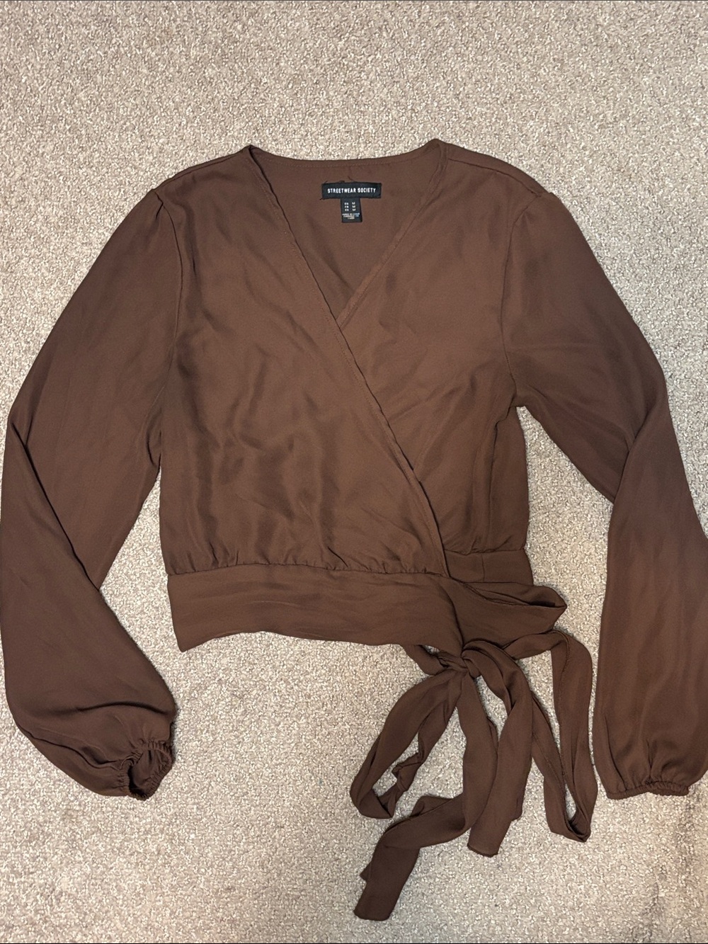 Brown Wrap Tie-Waist Long Sleeve Top